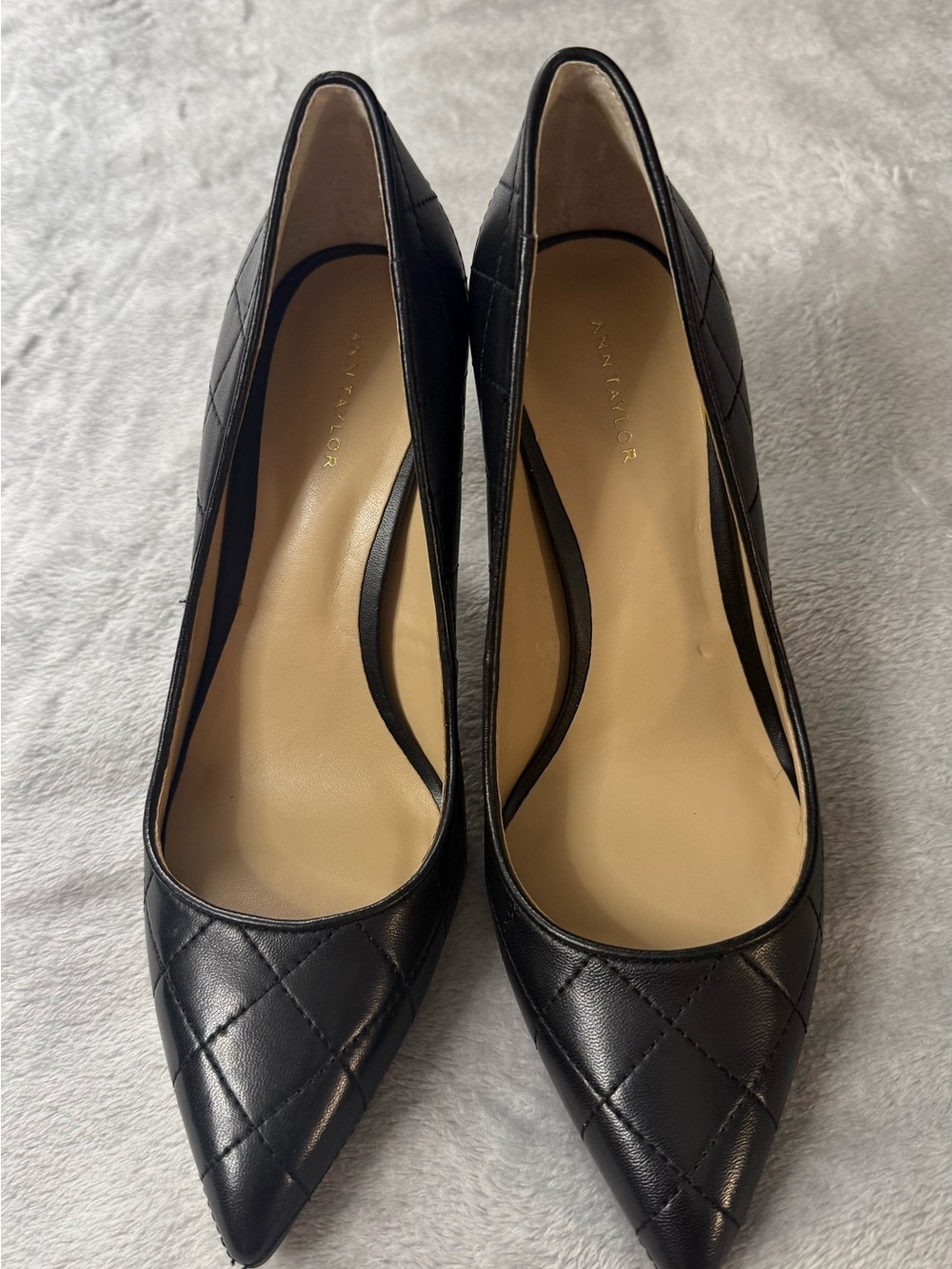 Ann Taylor Black Quilted Pointed-Toe Leather Pumps